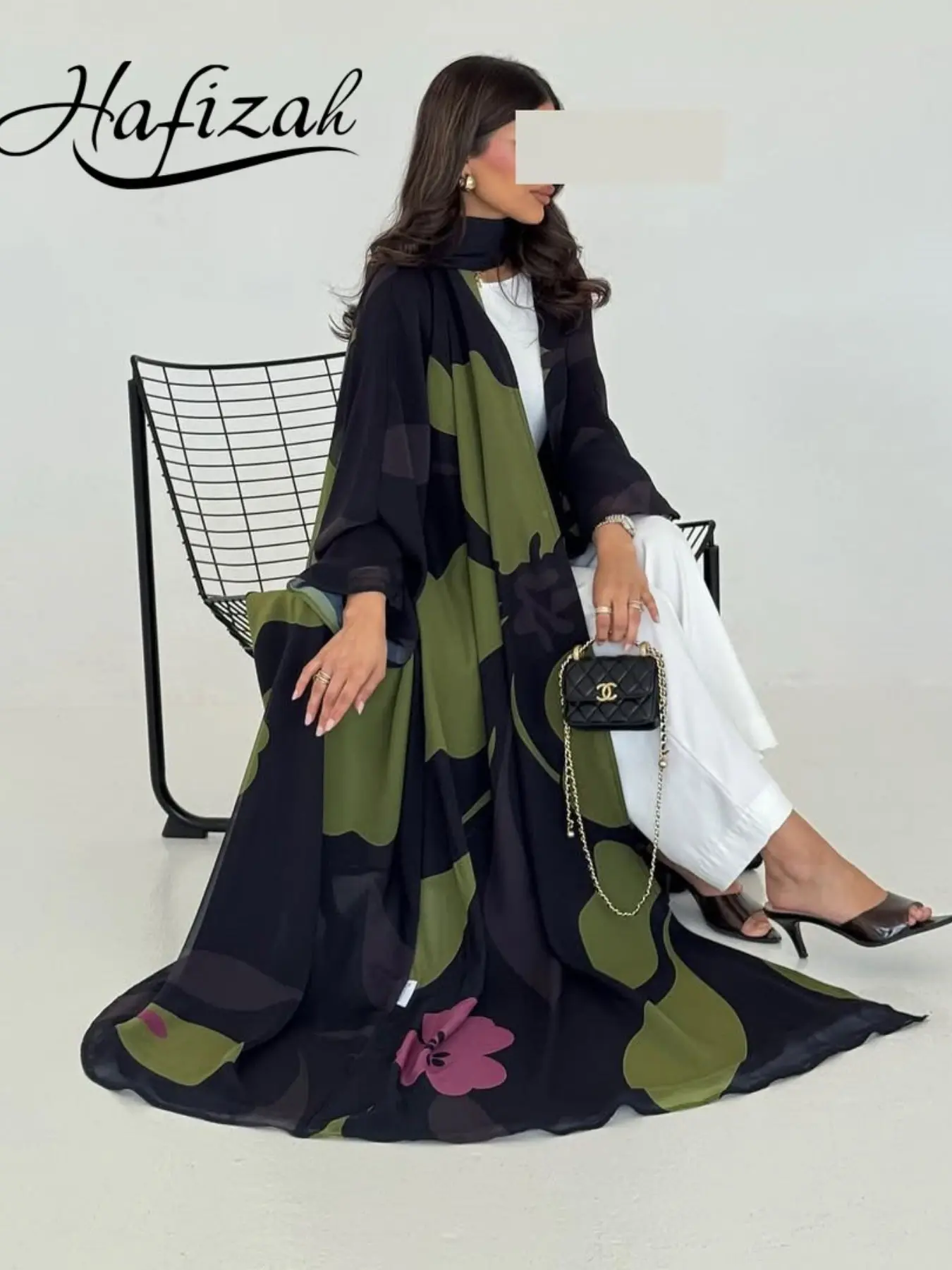 Hafizah Women’s 2-Piece Abstract Floral Print Abaya and Hijab Set, Wide Sleeve Loose Fit Modest Muslim Maxi Kimono Robe for Ramadan Eid