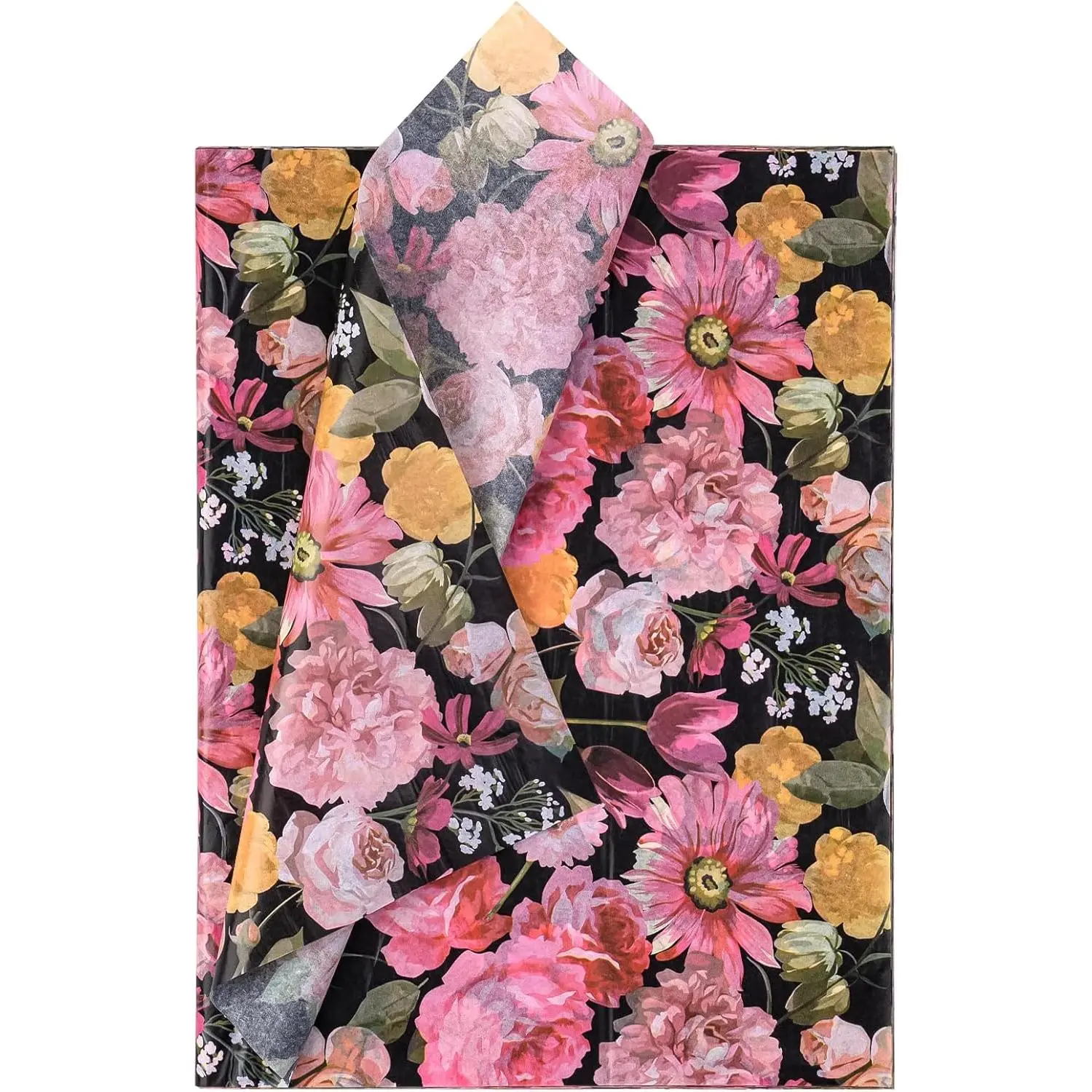 WRAPAHOLIC Floral Tissue Paper - 60 Sheets 14 x 20 Inch Black Colorful Flower Tissue Paper Bulk for Wedding Birthday Baby Showers Art Craft Tea Party Favor Decoration