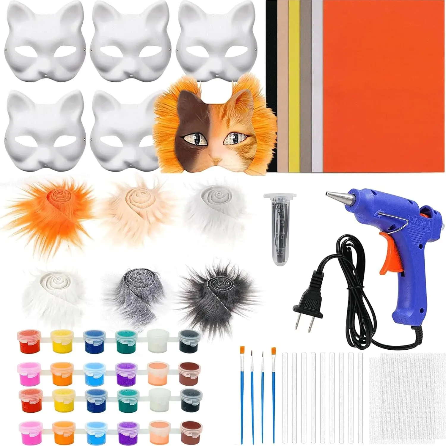 35 PCS DIY therian mask kit for Beginners Including Blank Cat Mask Faux Fur Fabric Felt Fabric Plastic Mesh Sheet (DIY cat mask Set)
