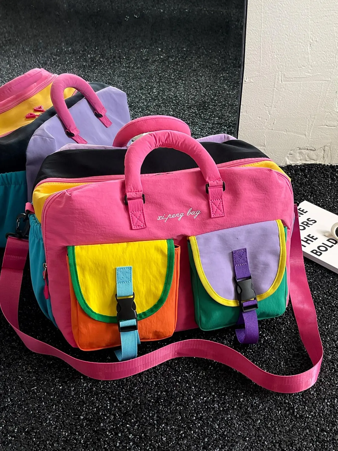 Vibrant Colorblock Duffel Bag, Lightweight Nylon, Large Capacity, Shoe Compartment, Detachable Strap, Ideal for Travel & Gym