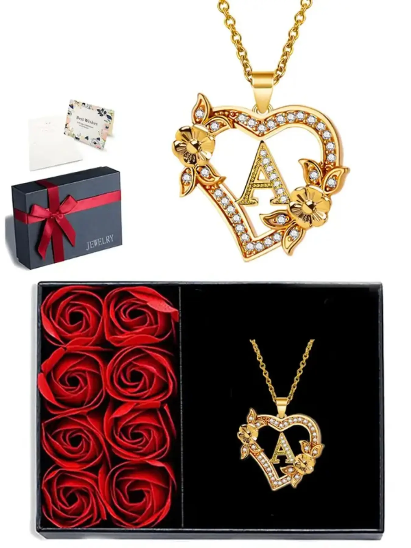 Heart-shaped initial necklace, with rose gift box, diamond-encrusted pendant necklace, rose flower heart initial pendant necklace, fashionable jewelry accessory, gift for women, Valentine's Day gift, Mother's Day gift, Mother's Day gift box, gift for her