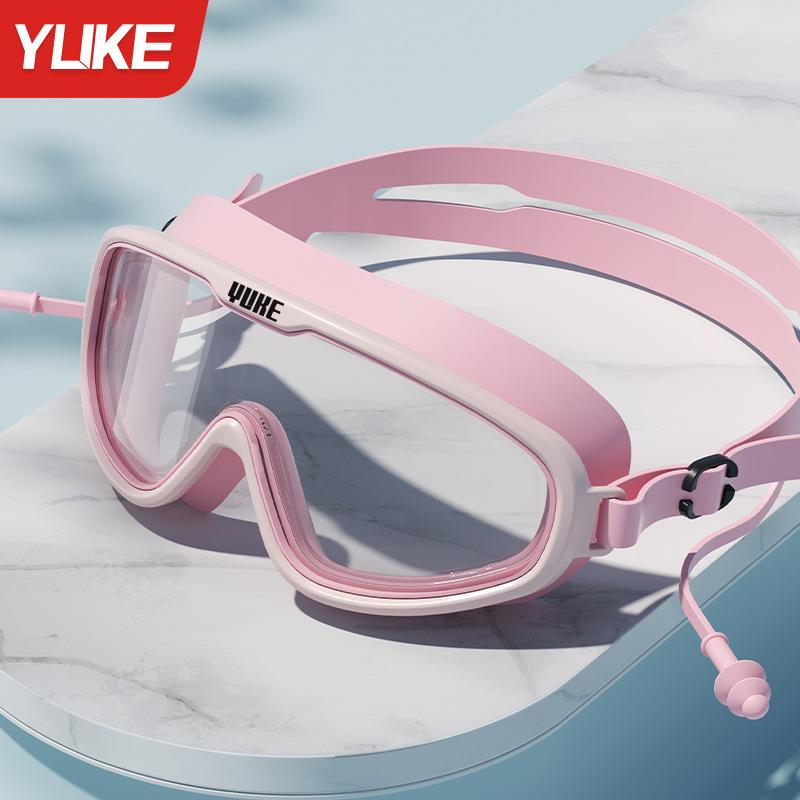 Large Frame Swimming Goggles with Integrated Earplugs Anti-Fog Leakproof Swim Eyewear and Silicone Cap Set