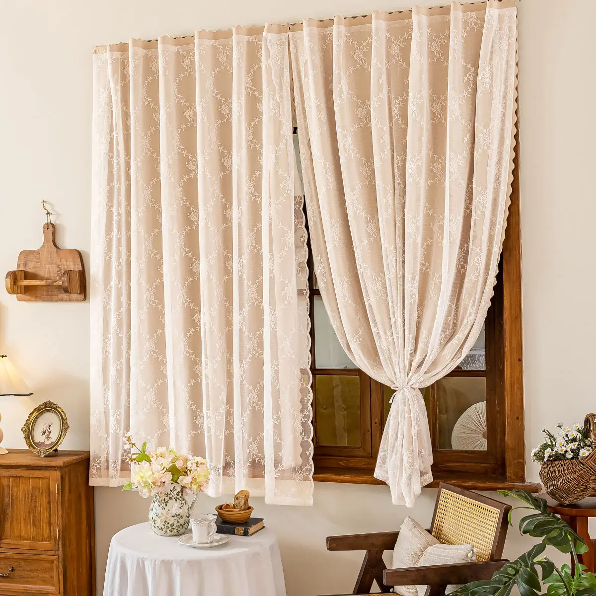 Delicate Embroidered Sheer Curtains, Romantic Floral Pattern Window Panels, Privacy Light Curtain for Home Bedroom