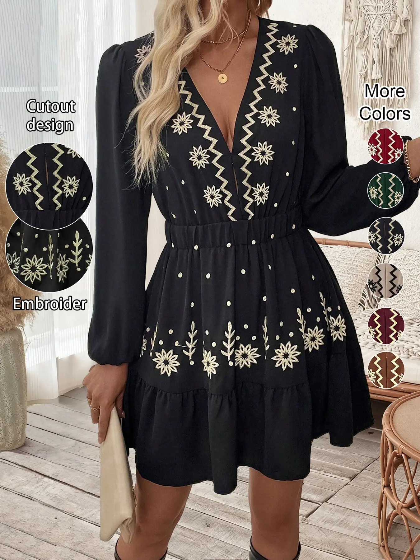 Women's Embroidered Deep V Neck Long Sleeve Elegant Bohemian Dress, Full Floral Craftsmanship Embroidery, Perfect Choice for Spring Summer Fall