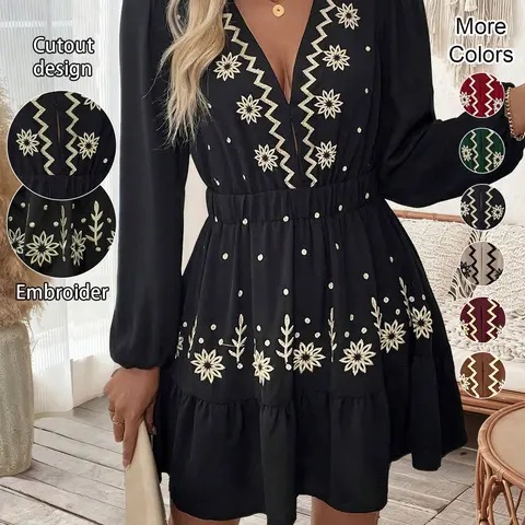 Women's Boho Style Floral Embroidered Deep V-Neck Long Sleeve Elegant Bohemian Dress, Perfect Choice for Spring, Summer & Fall