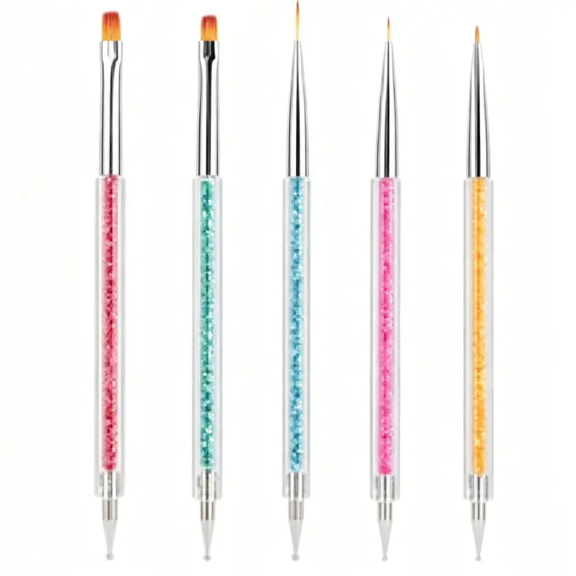 Landot 5pcs Dual-Ended Nail Art Brush Set, Acrylic Nail Liner Brushes, Flat Head Brushes, Professional Nail Design Pens, DIY Salon Home Use