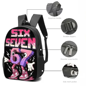 Solid Black Background Pink Purple Gradient Pixel SIX SEVEN Cartoon Number 67 Character Lightning Sneaker Print Large Capacity Backpack Water Resistant Unisex Teen Student School Rucksack Breathable Mesh Padded Shoulder Straps Elastic Mesh Water Bottle Si