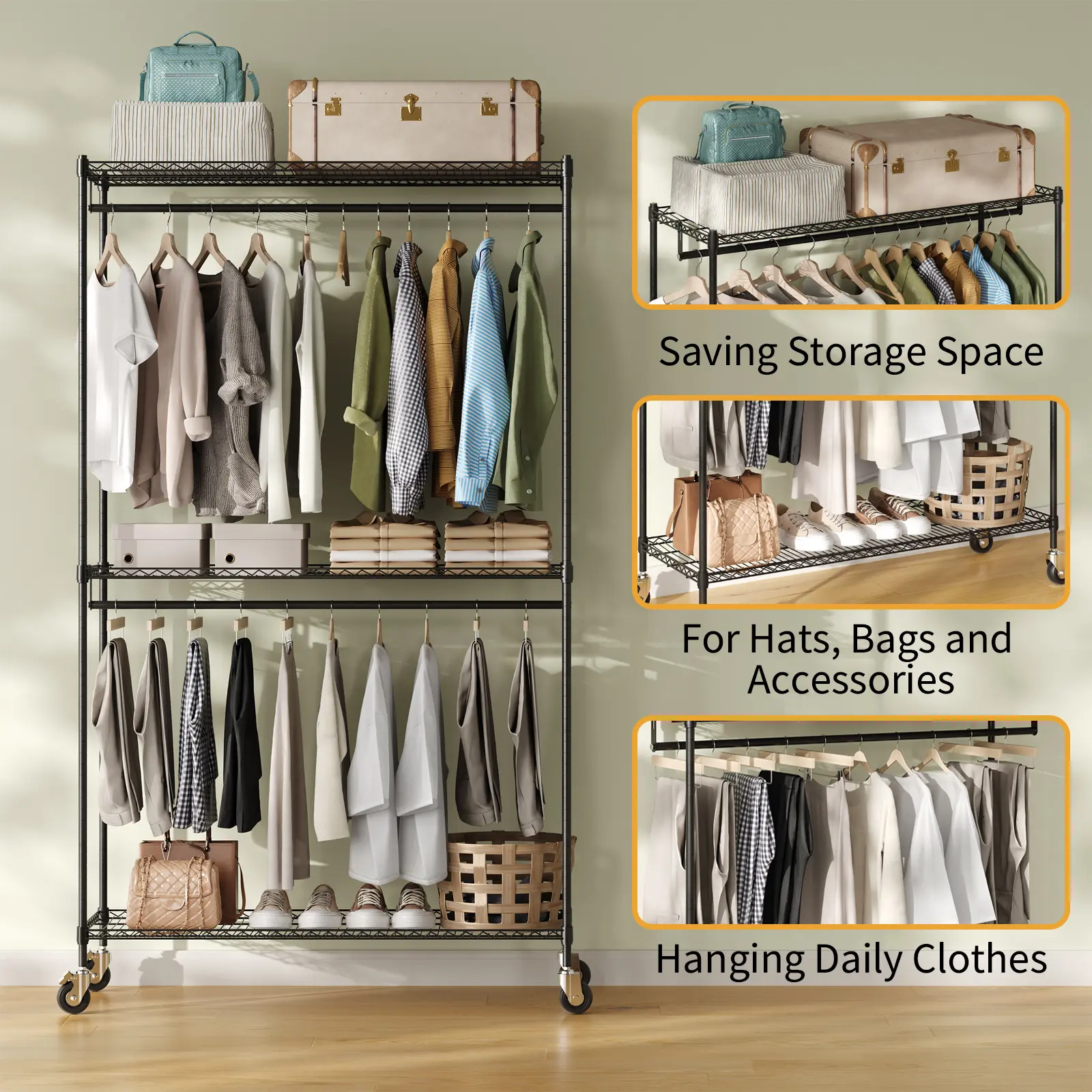 Garvee Heavy Duty Steel Clothes Rack with Metal Frame - Adjustable Rods, Movable Shelf, Lockable Casters, 249kg Capacity - Freestanding Closet Storage Garment Organizer for Bedroom
