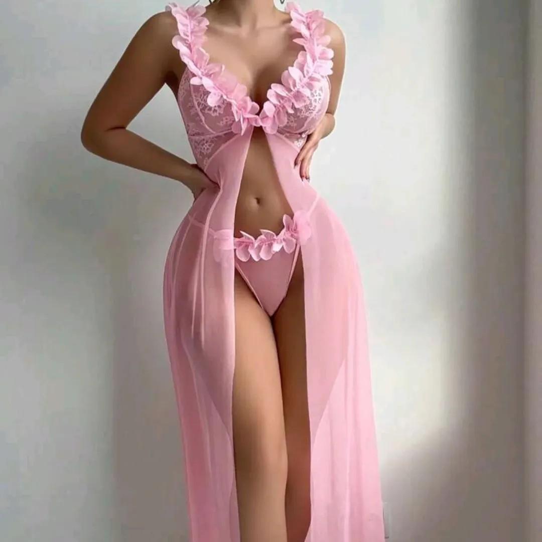 Elegant Petal Mesh Bodysuit with Suspender Skirt, Lingerie Dress Set for Women, Sexy Pajama Style