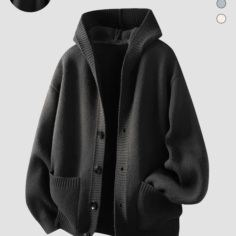 【Black Friday】Men's Solid Color Hooded Cardigan with Pockets, Casual Style Outerwear, Fall & Winter Wear, Ribbed Details, Multiple Colors Available