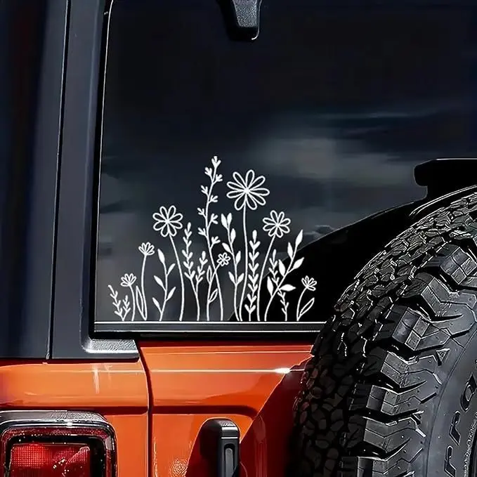 Automotive Decals, 2-Piece Boho Wildflower Vinyl Stickers, Water-Resistant Floral Decor for Vehicle Exterior Doors & Windows, Car, Decoration, Two Pieces