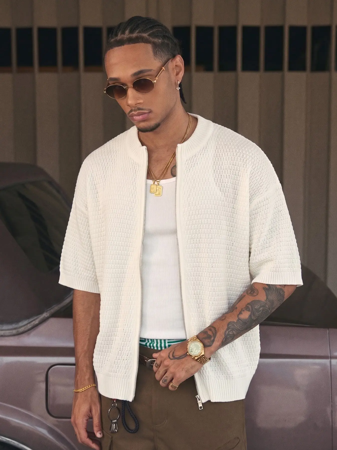 New Men's Knit Top Plain Waffle Short Sleeve Cardigan Knitwear, Loose Fit Zipper Open Front, Lightweight Casual Wear for Spring Summer, Round Neck Knit