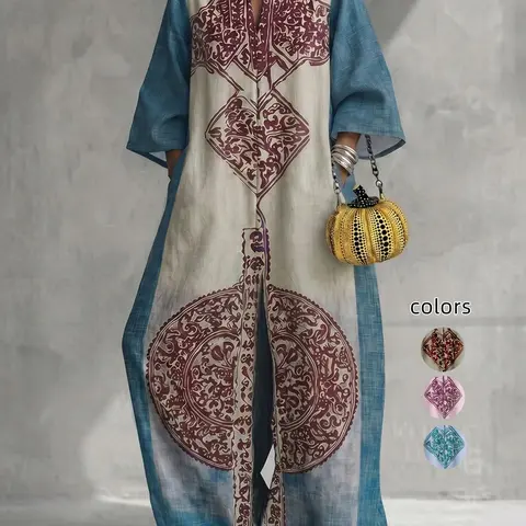 Loose Fit Oversized 3/4 Sleeve Ethnic Print Pocket V-Neck Jumpsuit, Chic, Stylish, Elegant and Comfortable, Perfect for Casual Wear