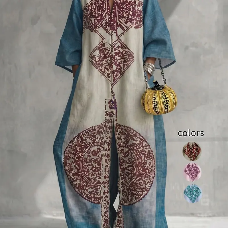 Loose Fit Oversized 3/4 Sleeve Ethnic Print Pocket V-Neck Jumpsuit, Chic, Stylish, Elegant and Comfortable, Perfect for Casual Wear