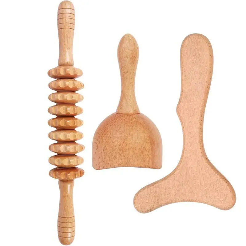 3-Piece Solid Wood Therapy Massage Tool Set - Smooth, Gentle Daily Body Care Tool for Muscle Relaxation, Tension Relief, At-Home Self-Care Essential, Stress Relief, Home Supplies