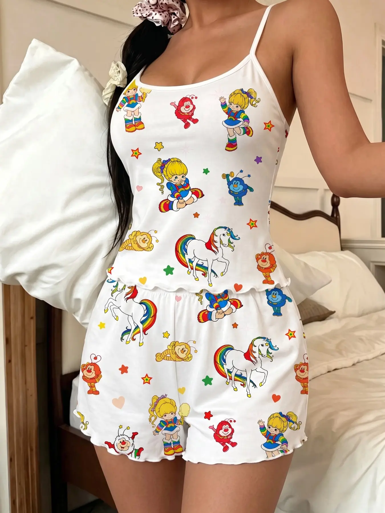 Women's Casual Rainbow Girl Print Sleeveless Pajama Set, Loungewear Outfit, Sleepwear Set, Comfortable Home Wear for Daily Use and Relaxing Nights, Fitted All over Print