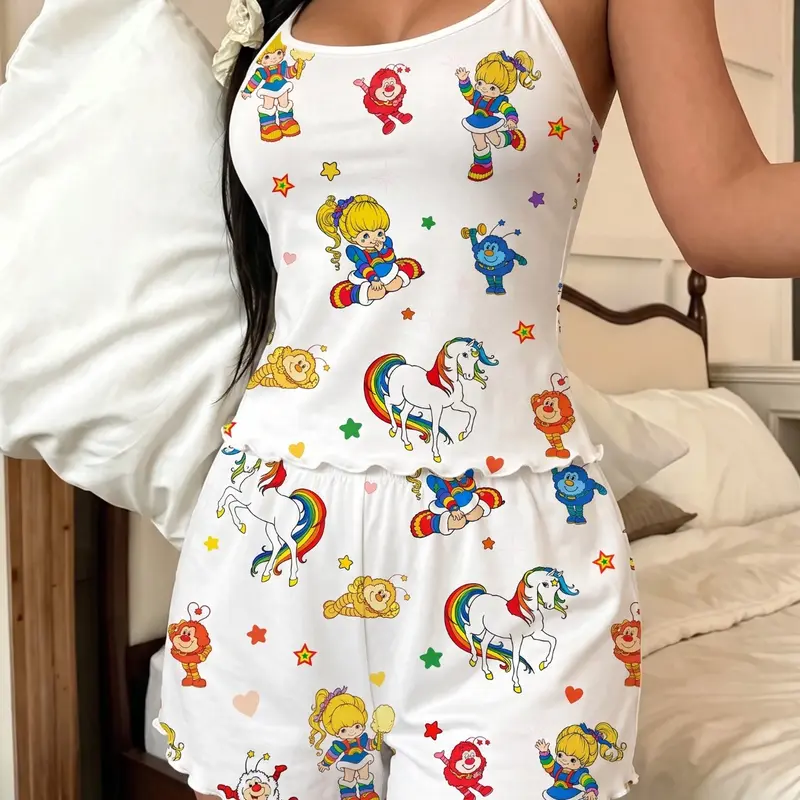 Women's Casual Rainbow Girl Print Sleeveless Pajama Set, Comfortable Home Wear for Daily Use and Relaxing Nights, Fitted All over Print, Cozy Loungewear Sleepwear