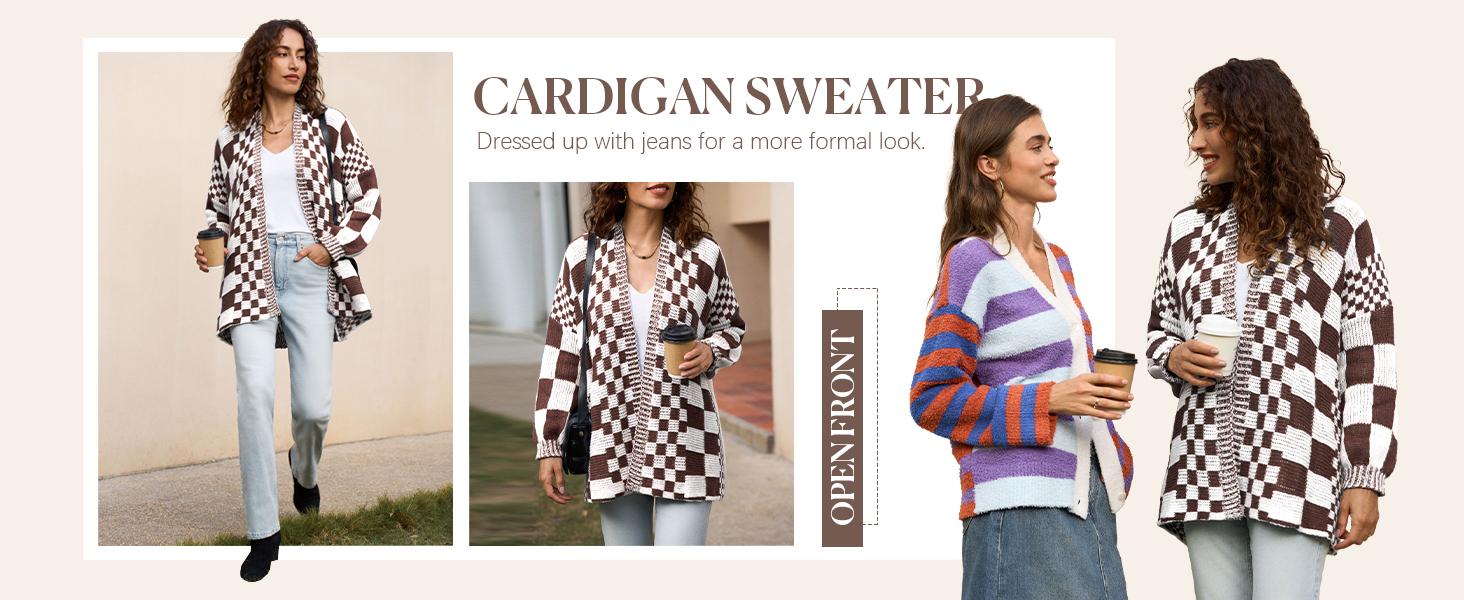 Saodimallsu Womens Checkered Sweater Color Block Plaid Cardigans Oversized Long Sleeve Knit Open Front Coats