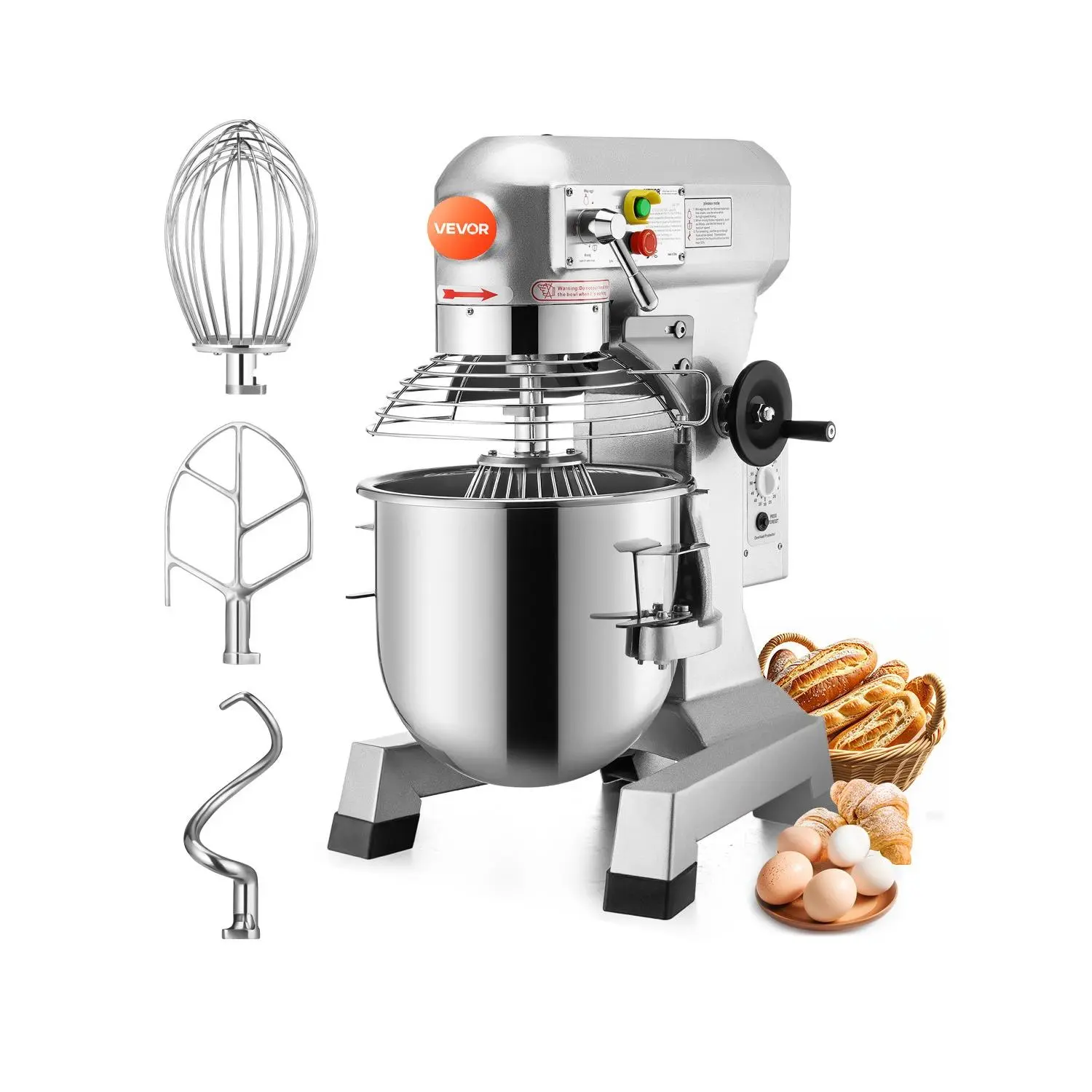 VEVOR Commercial Food Mixer 30Qt 1100W 3 Speeds Adjustable 105/180/408 RPM Heavy Duty 110V with Stainless Steel Bowl Dough Hooks Whisk Beater for Schools Bakeries Restaurants Pizzerias