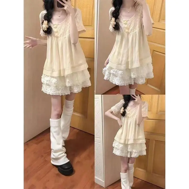 Summer Y2K Kawaii Sweet Vintage Japanese Girly Dress for Women Beach Party Style Floral Print Casual Lightweight Clothing New