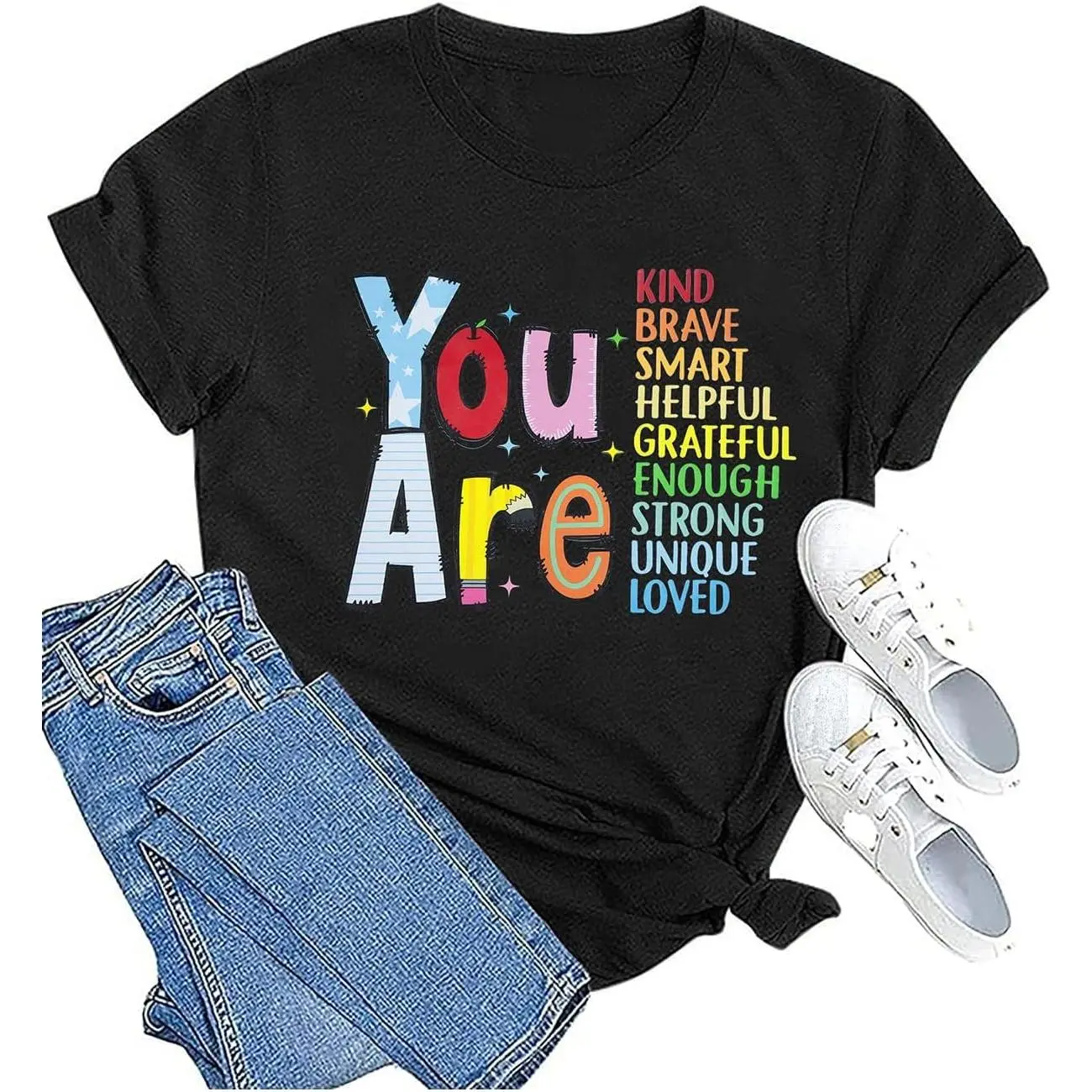 Women's Short-Sleeve Essential Fit Kindness Teacher Tee, Last Day of School/Back to School Funny Graphic Top, Cargo Pants Bottoms, Shortsleeve, Unisex, Cotton, Oversized, Breathable, Comfortable, Round Neck, Fabric, Loose, Print, Graphic Tee, Streetwear,,