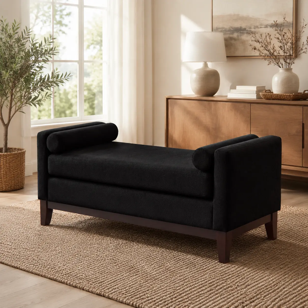 Littleox Large Upholstered Boucle Fabric Ottoman with Pillows,Comfort Padded Window Bench for Living Room,Entryway Bench