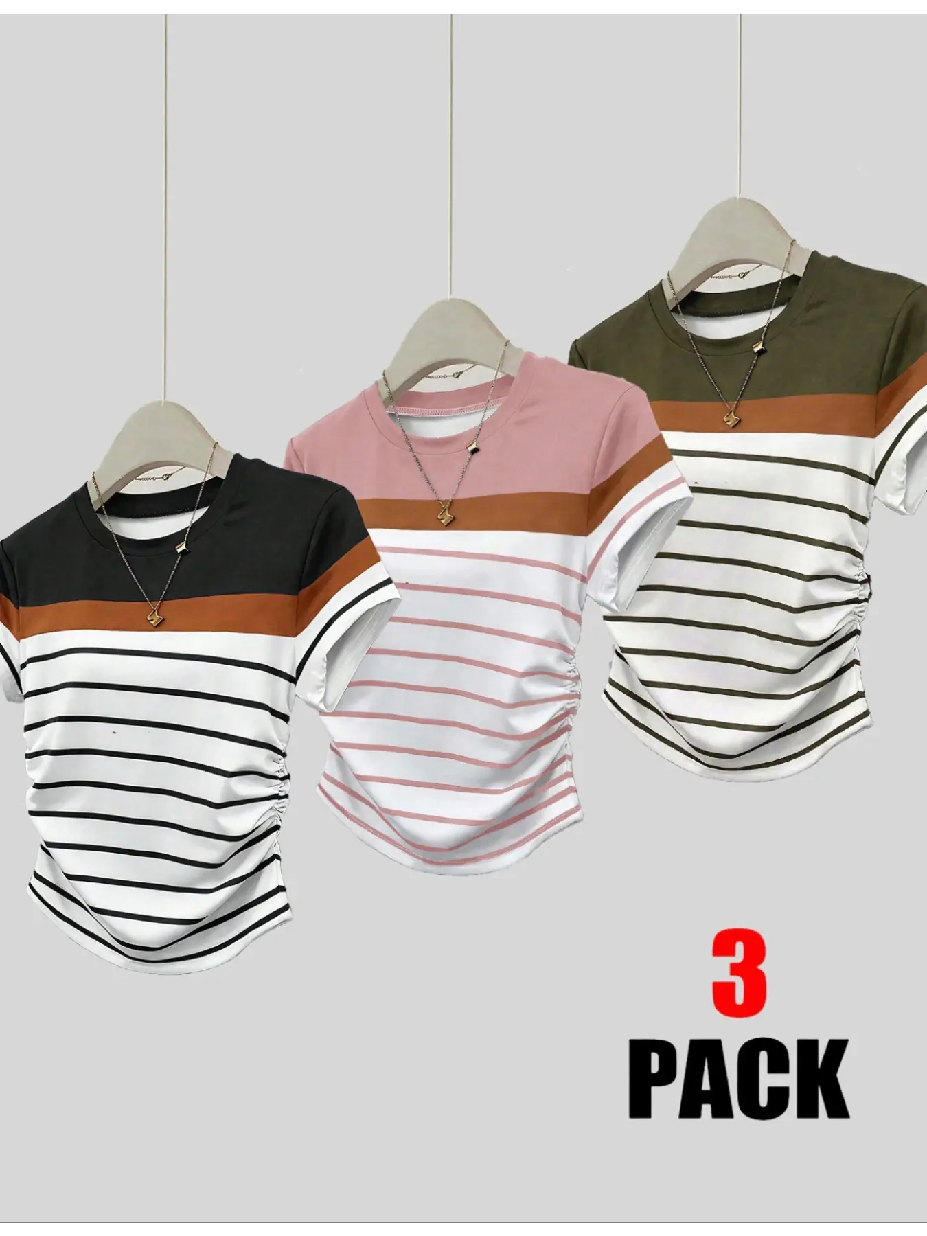 3-Pack Women's Striped Print Regular Fit Short Sleeve T-Shirt for Spring and Summer - Slimming Casual Pleated Waist Top