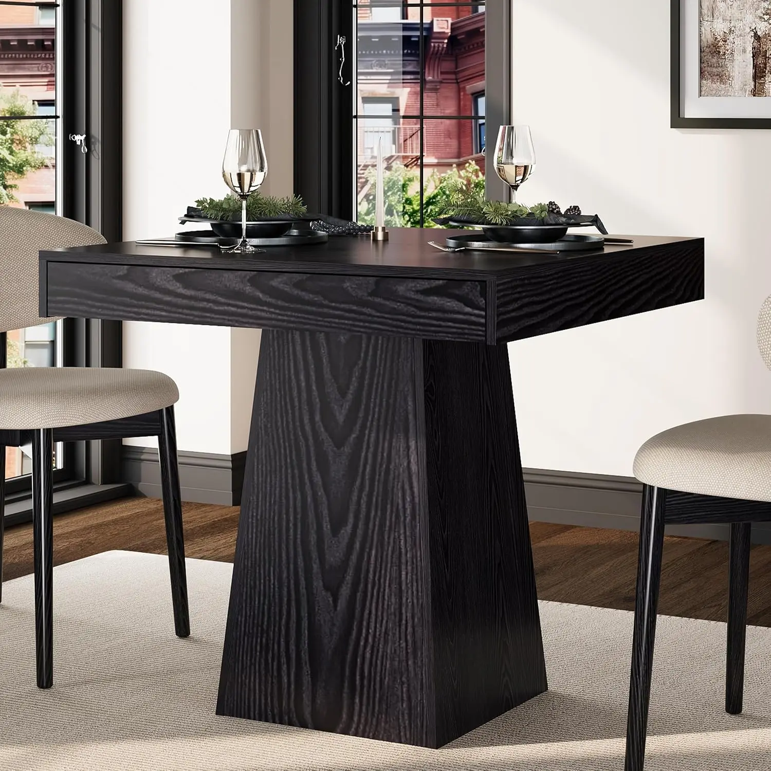 Square Dining Table - Small Farmhouse Kitchen Table with 2 Storage Drawers - Space-Saving Wooden Dinner Table