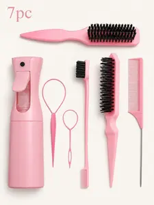 7pcs Hair Styling Tools Set, Cute Hair Care Kit With Spray Bottle, Edge Brush, Rat Tail Comb, Parting Comb & Teasing Brush For Women, Wig, Braids, Ponytail, Bun, Home Salon Travel