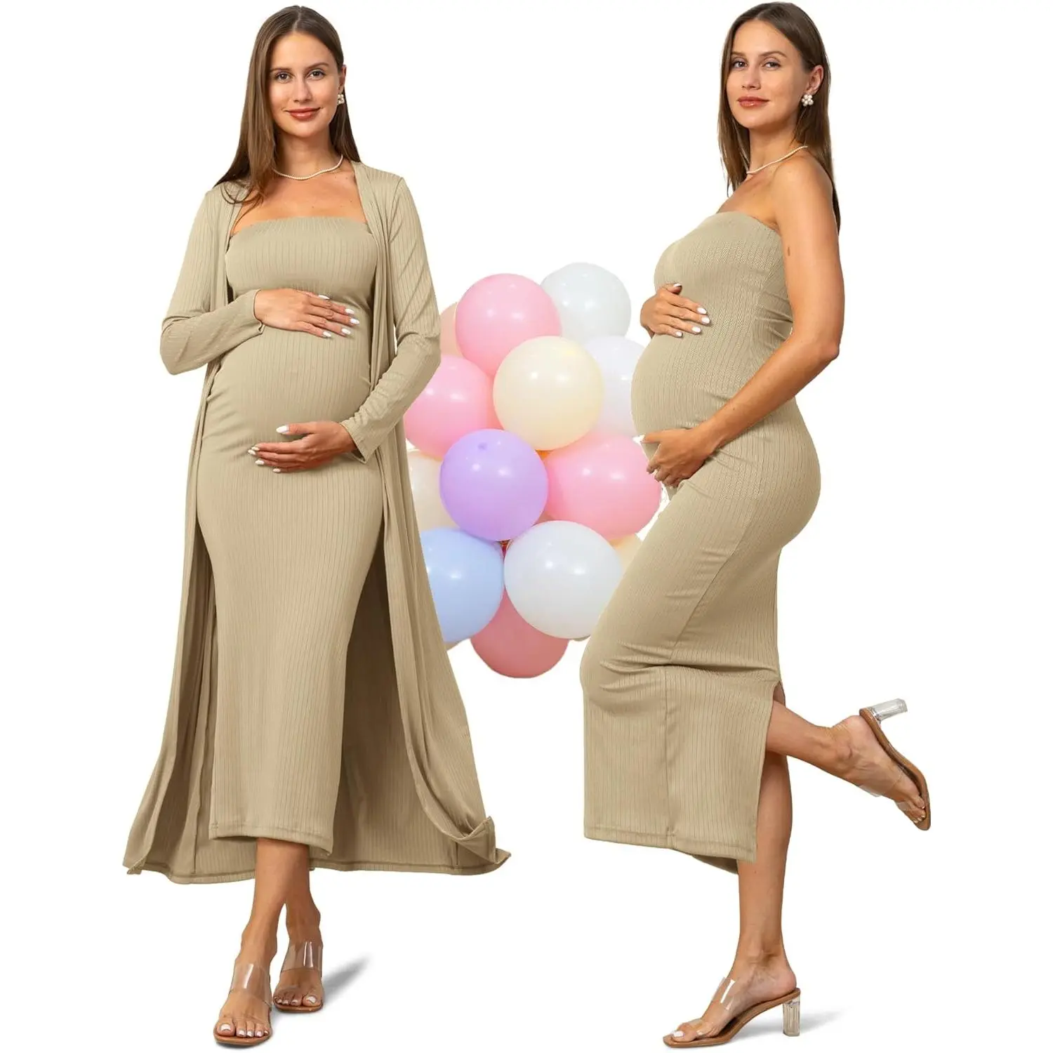 2 count Tube  Shower Maternity Dress Cardigan Set Summer Bodycon Maternity Dresses Long
