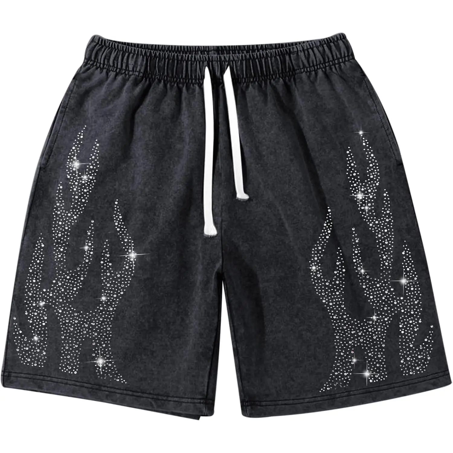 Flame Graphic Rhinestone Shorts Men Y2k Vintage Acid Wash Drawstring Baggy Streetwear Casual Shorts Pockets