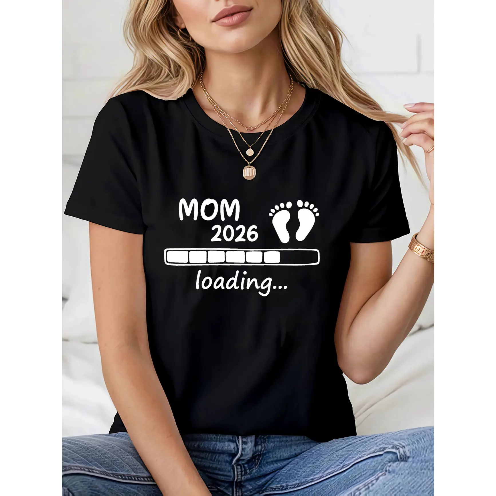 Mom 2026 Loading Pregnancy Graphic Oversized T‑Shirt, Cute Comfort Cotton Outfit, Fashion Maternity Tee, Perfect Valentine Gift for Lover, Best Holiday Present for Family Friends Him Her