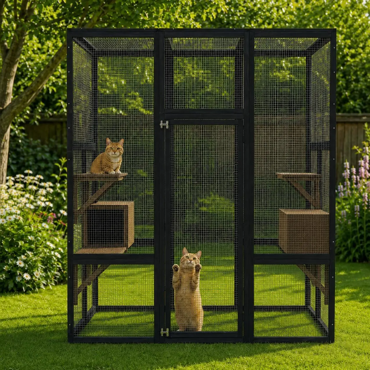 Walk-in Outdoor Catio Cat Enclosure & Wooden Cat House | 5 Platforms, 2 Resting Boxes, Secure Metal Mesh, Waterproof Weatherproof Roof, Large Cat Cage for Multiple Cats,Up to 6 Cats