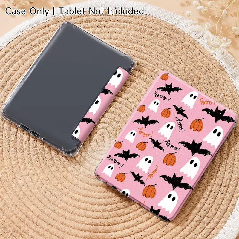 Kindle Tablet Book-Style PU Leather Case - Cute Candy Pumpkin Ghost Design, Transparent Non-Yellowing Shockproof Casing, Auto Wake/Sleep, 6"/6.8"/7" Fit, Halloween Autumn Gift, Computer Accessories for Protection & Shell Needs