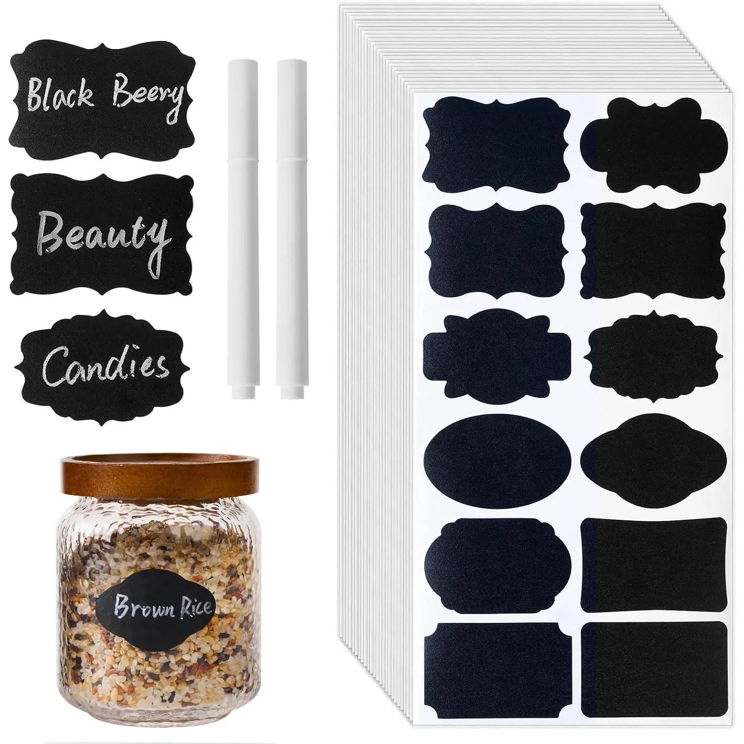 360 count Chalkboard Labels – 2.1x1.4 Inch  Blackboard Stickers with 2 White Erasable Chalk Markers, 12  Shapes, for Mason Jars,  Containers, and Pantry Storage