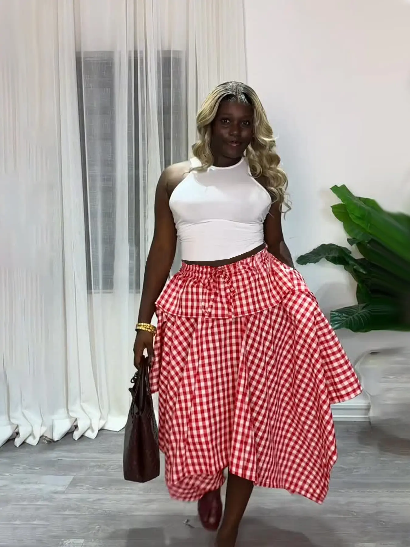 Tw874 Fashion Women's Asymmetrical High Waist Oversized Skirt, Summer Elastic Waist Plaid Half Skirt, Stylish, Chic, Casual and Comfortable Design, Bottom