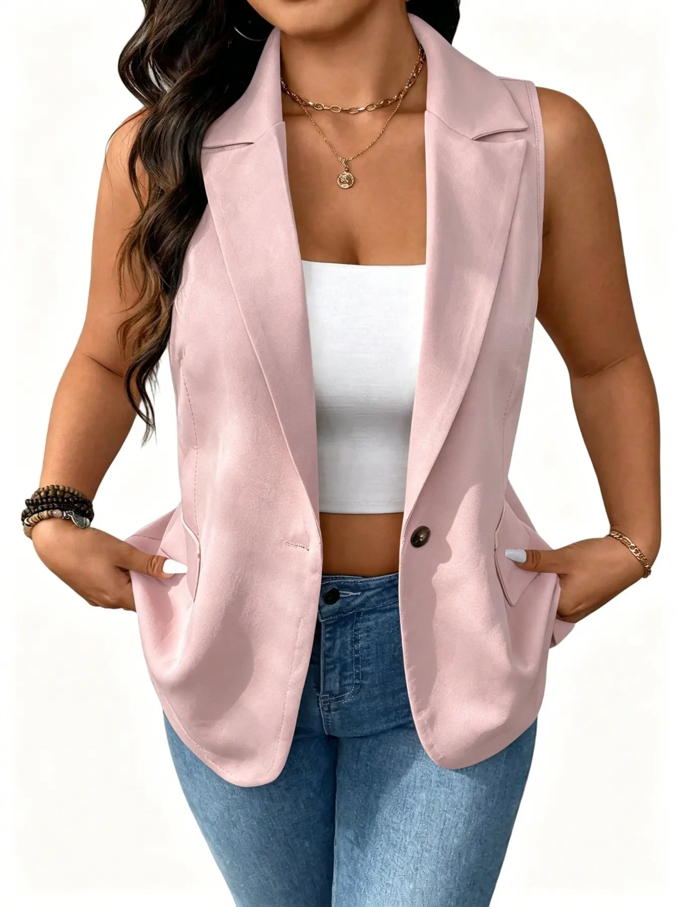 Women's Sleeveless Blazer Vest, Korean Style Office Wear, Basic Simple Lapel Single Button Waistcoat, Slimming Backless Outerwear, Plus Size