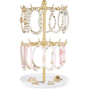 Bracelet Holder Gold Metal Rotating Bracelet Display Stand 2 Tier Jewelry Organizer with 24 Hooks and Wood Tray Adjustable Tree Stand Tower Rack for Storage Selling KeyChain Bangle Accessories
