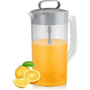 2 Quart/64oz Plastic Mixing Pitcher with Lid, Angled Blades and Adjustable Mixer Plunger for Drinks Juice Powdered Milk Beverage Container