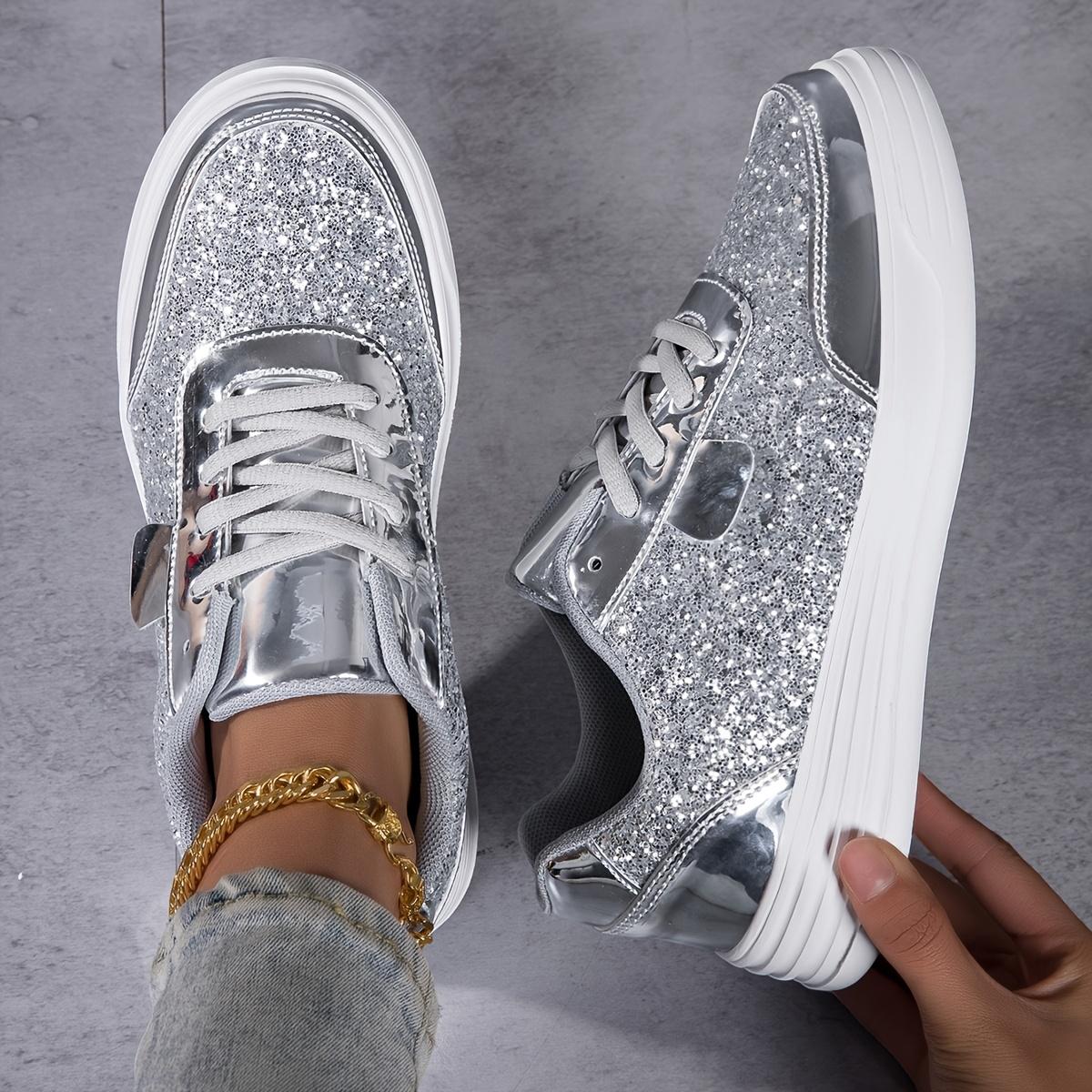 Women's fashion glossy sneakers with sparkling sequins, running shoes, street skate shoes, non-slip spring summer mesh breathable lace-up casual shoes, thick sole height incr dance shoes, lightweight soft sole low-top walking shoes