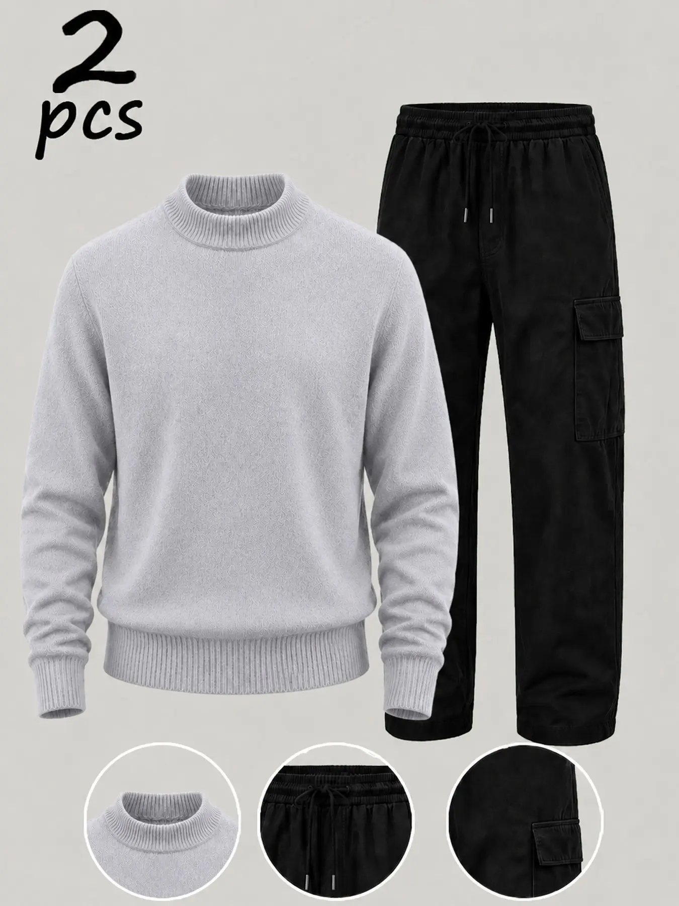 Men's 2-Piece Co-Ord Set, High Neck Embossed Knit Jumper & Elastic Waist Cargo Trousers, Soft Warm for Fall/winter