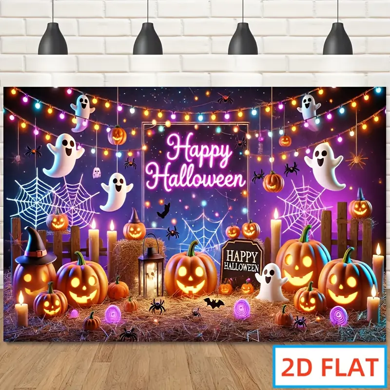 Polyester Spooky Pumpkin & Ghost Backdrop, Cute Halloween Party Banner, Boo Theme Wall Decor, Trick or Treat Photo Prop