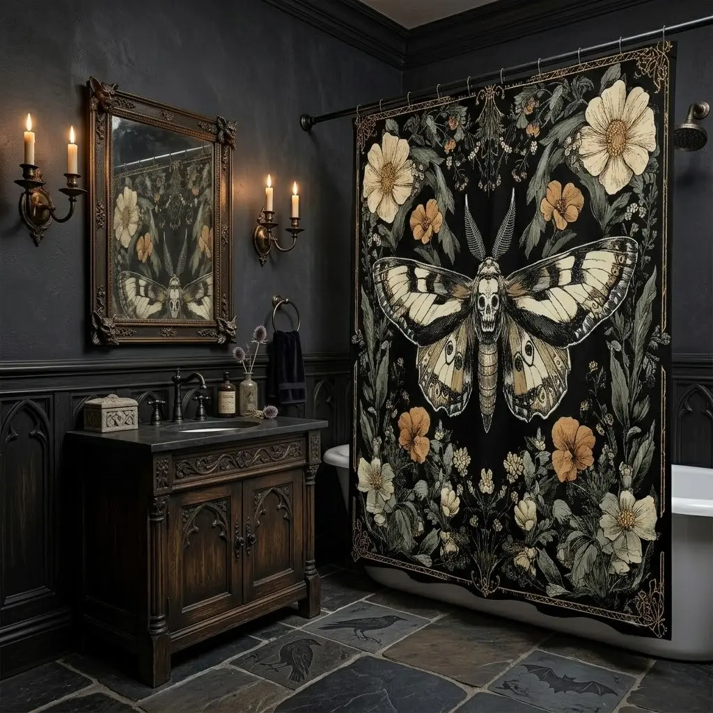1pcs Vintage Gothic Shower Curtain, Death Head Moth Floral Print, Dark Academia Halloween Witchy Art, Bathroom Decor for Bathtub