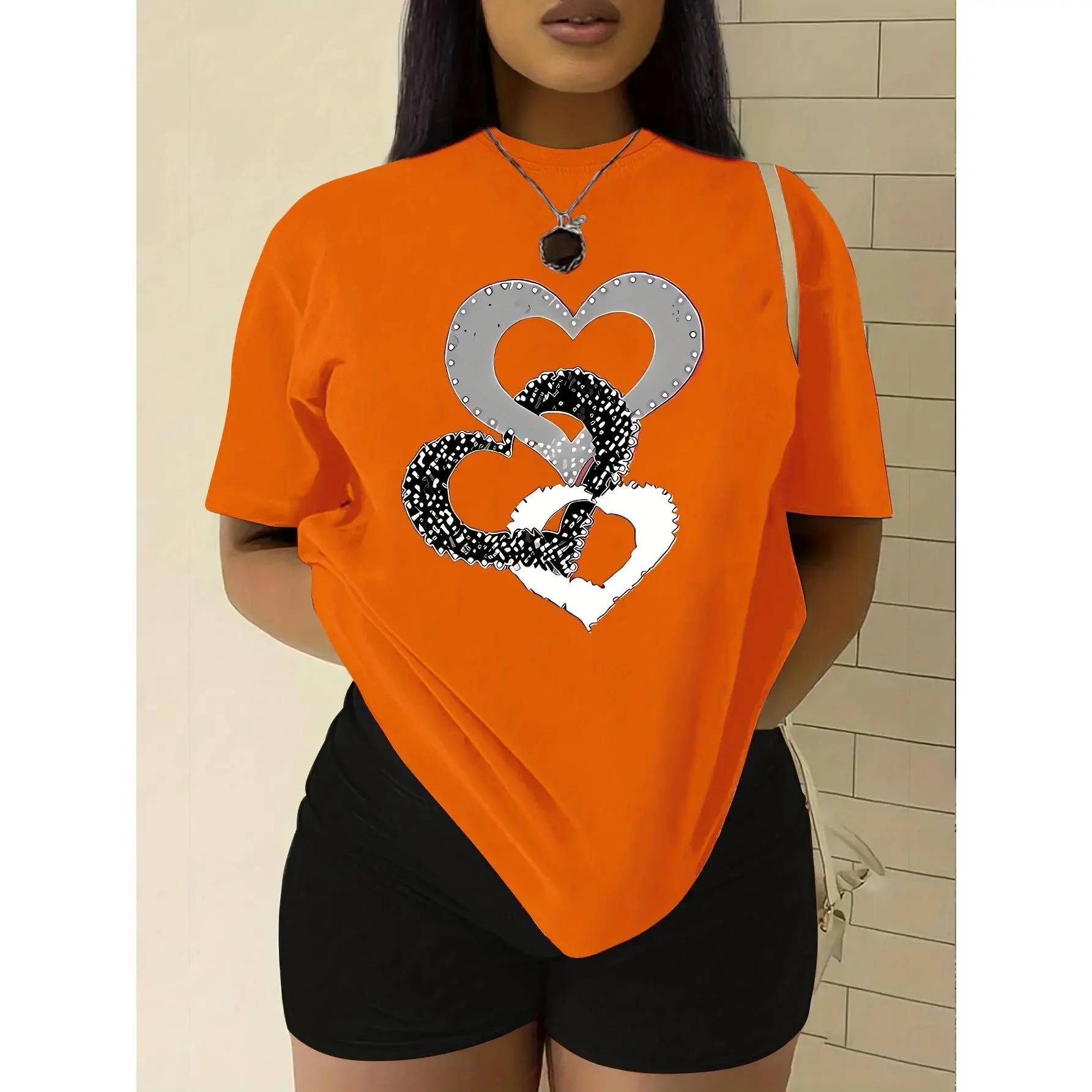 Women's Casual Wear Graphic Tees, All Over Love Ring Print Short Sleeve Crew Neck Polyester Knit Top, Lady, Fabric