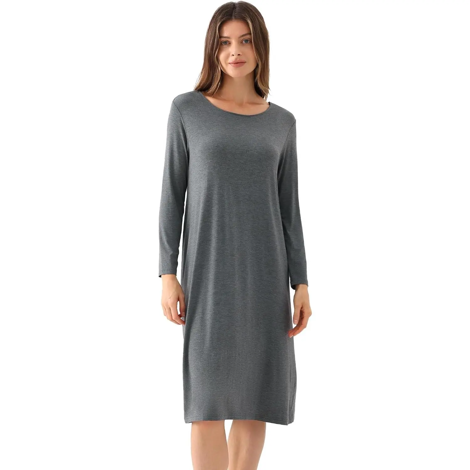 GYS Ladies' Long-Sleeve Bamboo Viscose Nightgown - Soft, Comfy Round Neck Nightwear, Women's Sleepwear & Loungewear, Longsleeves, Below-Knee