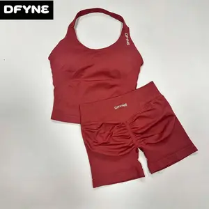 DFYNE Minimalist Seamless Halter Set| High-Waisted Tummy Flattening Gym Shorts & Plunge Padded Bra 2pc