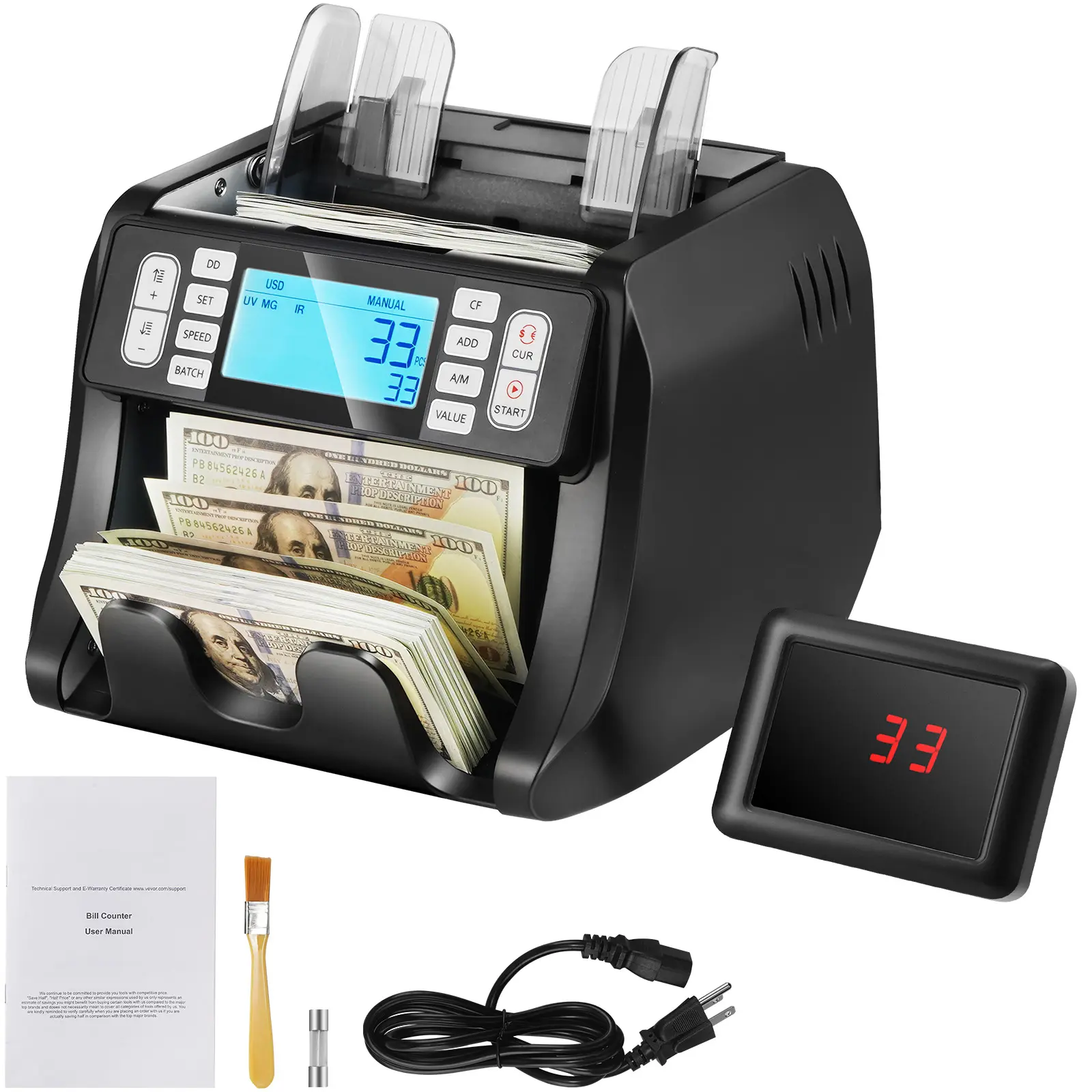 Money Counter Machine, Bill Counter with UV, MG, IR and DD Counterfeit Detection, USD & EUR Cash Counting Machine with Add and Batch Modes, Large LCD & External Display