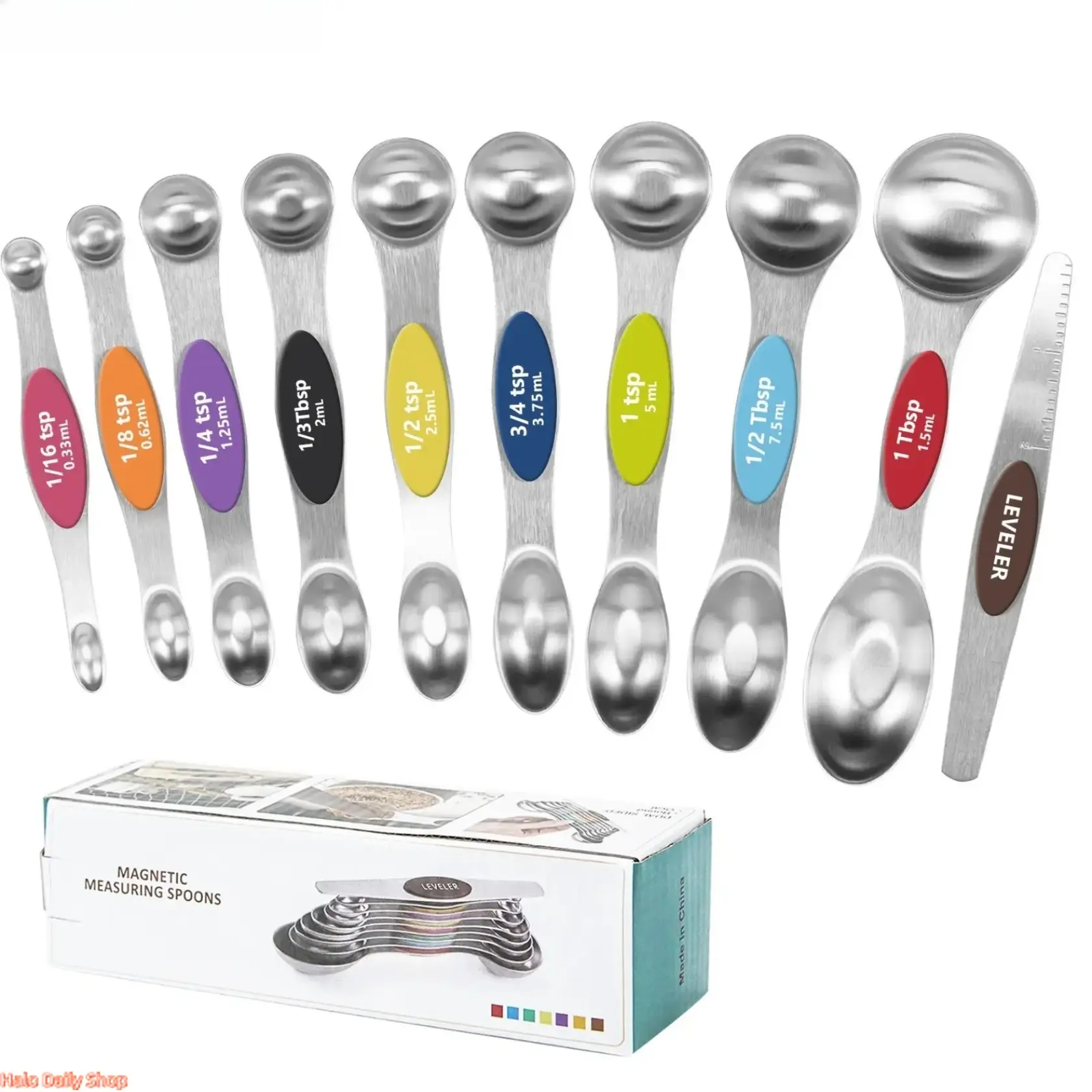 9-Piece Thick Magnetic Stainless Steel Kitchen Measuring Spoons Set - Ndfeb Magnets, Double-Sided Heavy Duty Metal Utensils, Laser Engraved Markings, Leveler, Round & Oval Scoops, Nesting Design, Spice & Teaspoon Use for Camping, Metal Measuring Spoons