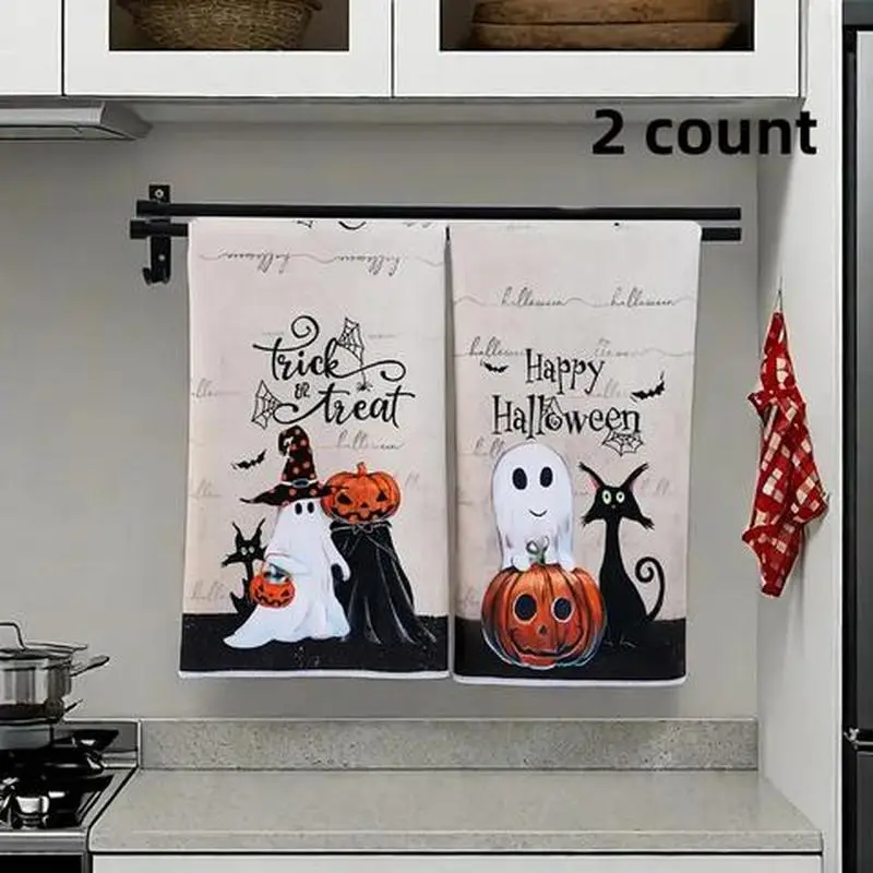 Party Themed Kitchen Towel, 2 Counts/set Ghost & Pumpkin Pattern Kitchen Towel, Versatile Cleaning Cloth for Bathroom, Toilet, Kitchen Use