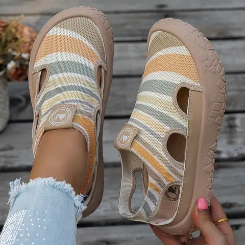 Women's Outdoor Casual Sneakers, Breathable Mesh Cut-Out Design, Round Toe Low Top, Comfortable Rubber Sole, All-Season Footwear, Low Top Shoe
